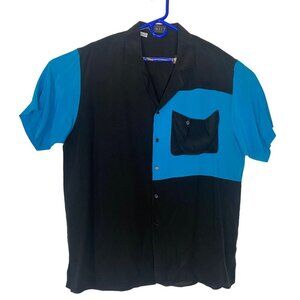 BOCCI Men Silk Shirt Size XL Blue Black Color Block Short Sleeve Button Down